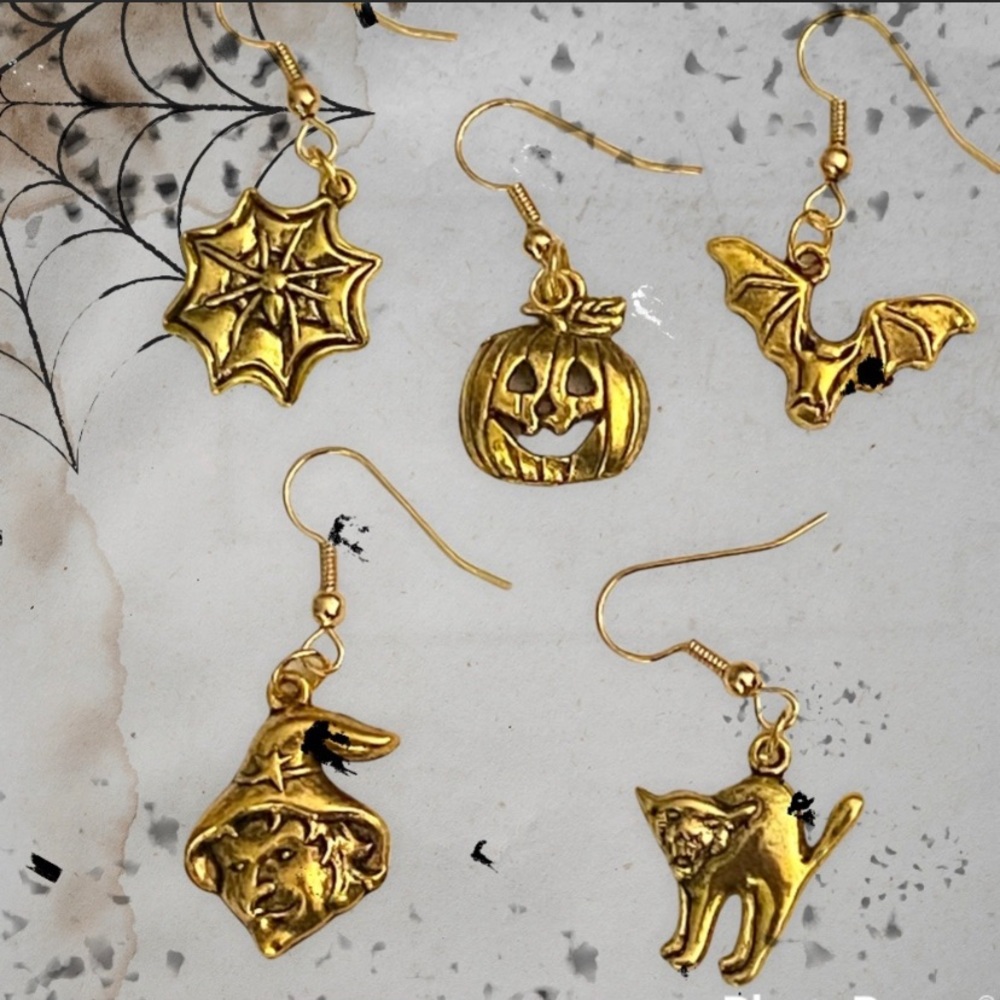Hand Crafted Earrings Witch Dangle Pierced Halloween Charm Gold Spooky - Picture 5 of 5